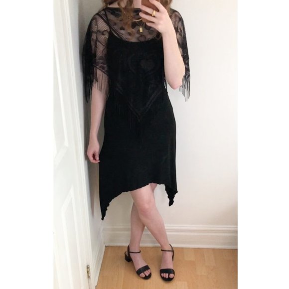 Vintage Dresses & Skirts - Stunning Vintage Lace Fringe Dark Midi Dress S/M